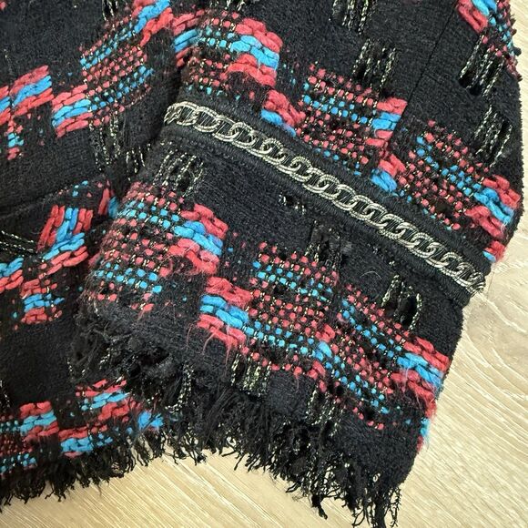 Trina Turk Womens Good Night Tweed Fringe Chain Jacket Black Red Blue Sz 10 - Picture 10 of 10